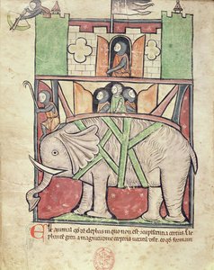 Elefant, der eine Sänfte voller Soldaten trägt, aus dem Westminster Abbey Bestiarium, ca. 1270-90